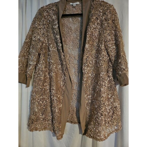 Oleg Cassini Womens Two Piece Cardigan Shell Size 20W Champagne  Lace Sparkle - Picture 1 of 13